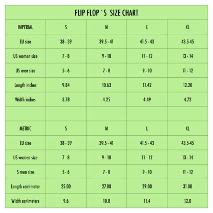 Flip flop sizes imperial and metric.