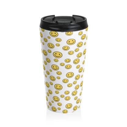 white insulated stainless steel travel mug classic yellow smiley print